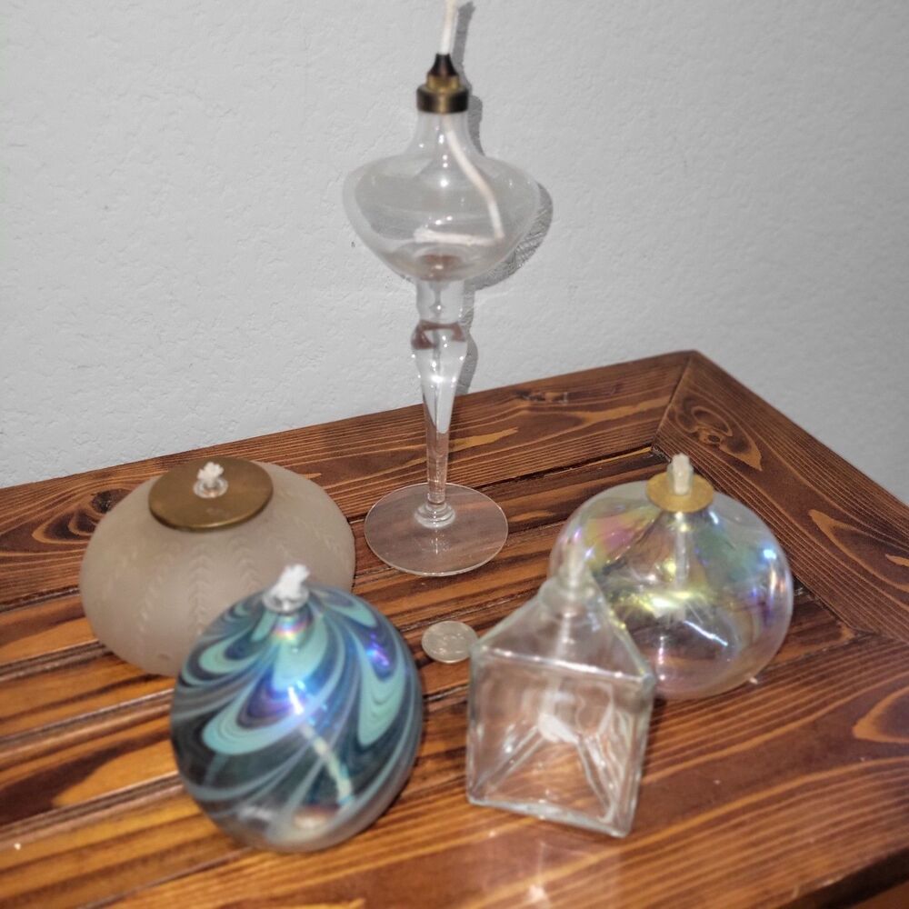 Lot of 5 Vintage - Hand Blown Glass & Assorted Oil Lamps Clear Ambient Romantic